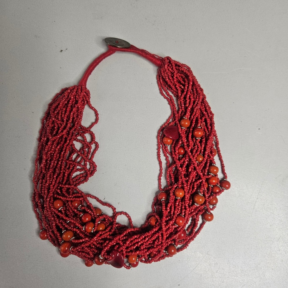Red Multi Strand Seed Bead Statement Necklace Chunky Bib Accents Button Tie